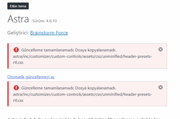astra tema güncelleme sorunu